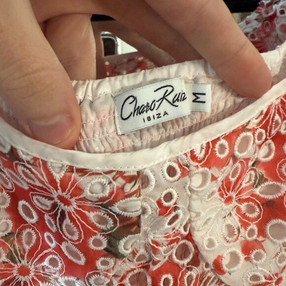 Charo Ruiz Ibiza Jean Off-the-Shoulder Eyelet Dress Size Medium Color White Red - Picture 3 of 8